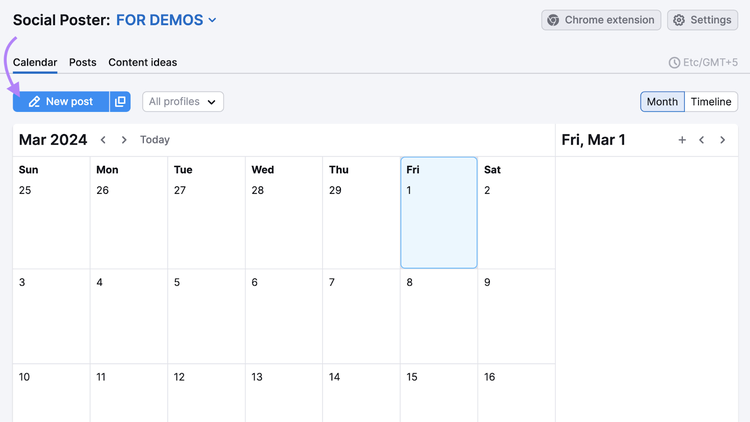 "New post" button in Social Poster calendar