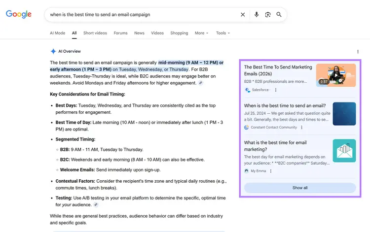 Google AI Overview showing best times to send email campaigns, with highlighted sources panel.