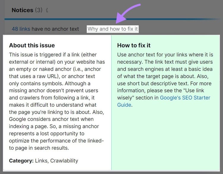an example of “Why and how to fix it” section in the Site Audit