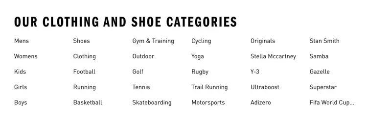 The bottom of a page on the Adidas website showing a list of related clothing and shoe categories along with links to each.