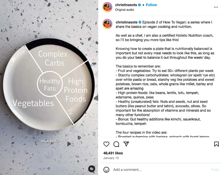 Instagram reel showing a plate divided in different compartments explaining how to eat balanced meals on a vegan diet.