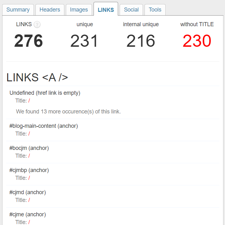 SEO META in 1 Click Links tab: 276 total, 231 unique, 216 internal, 230 missing title