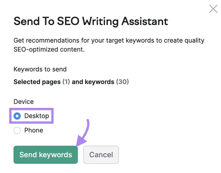 "Send to SEO Writing Assistant" settings with "Desktop" selected as the device and "Send keywords" clicked.