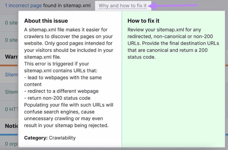 An example of “Why and how to fix it” section