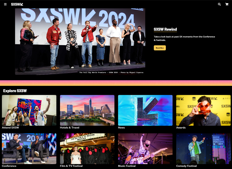 SXSW 2024 conference website showing navigation menu with sections for Attend, Hotels, Awards