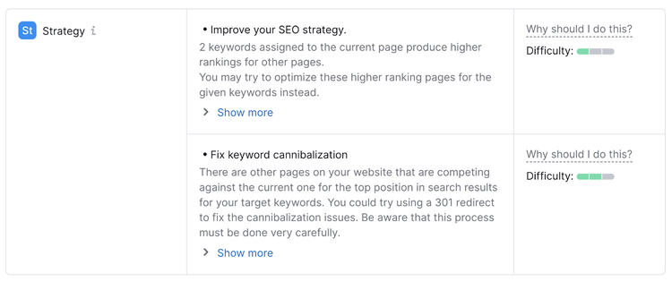 ideas to improve page include improve seo strategy and fix keyword cannibalization