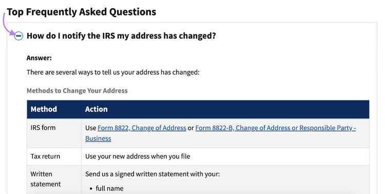 IRS frequently asked question with hidden dropdown answer.