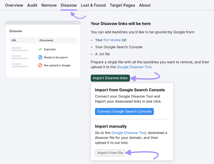 upload links to the Google disavow tool