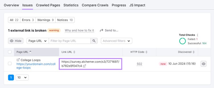 "1 external link is broken" page of the Site Audit tool with the "Link URL" column highlighted