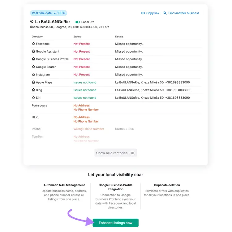 Dashboard showing directories with status issues and a green “Enhance listings now” button with purple arrow