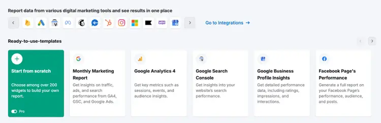 Reporting templates: Start from Scratch, Monthly Marketing, Google Analytics 4, Facebook
