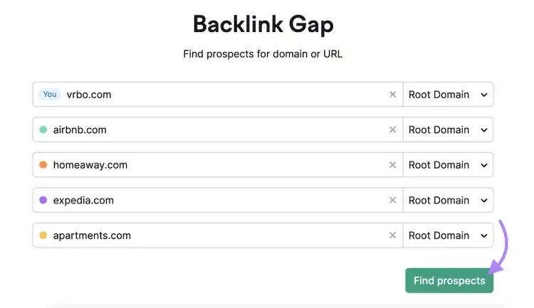 Semrush Backlink Gap tool start with 5 domains entered and arrow pointing to Find prospects button
