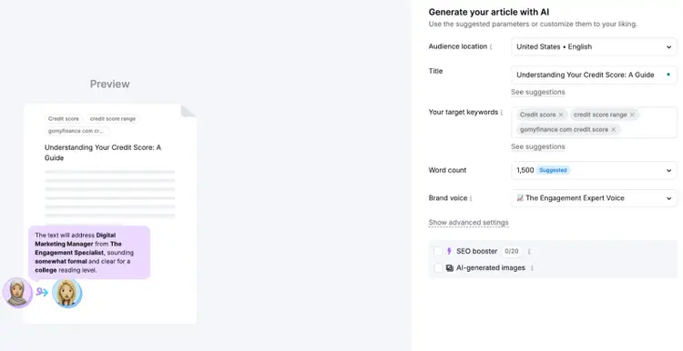 Content Toolkit article preview with AI generation parameters including title and keywords