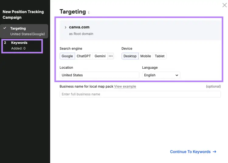 position tracking set up window
