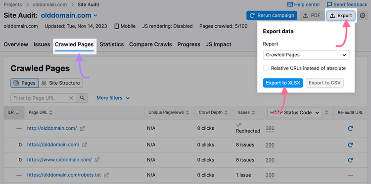 Semrush Site Audit showing crawled pages list with export options for XLSX and CSV