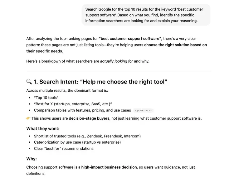 A prompt on ChatGPT to analyze and identify search intent on the top ranking SERP listings along with the response generated.