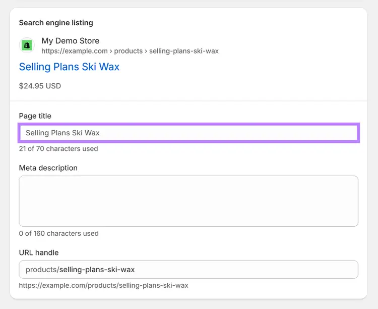 Shopify product search listing showing page title, price, and URL preview in search results.
