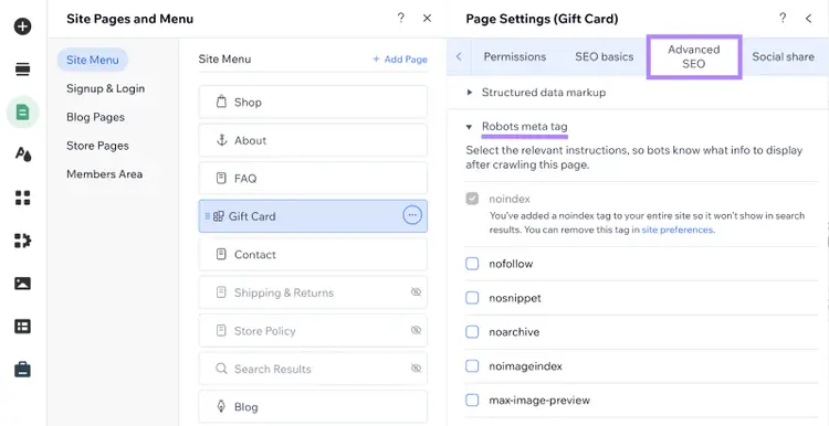 Wix Page Settings Advanced SEO showing Robots meta tag options including noindex, nofollow, nosnippet, and other directives
