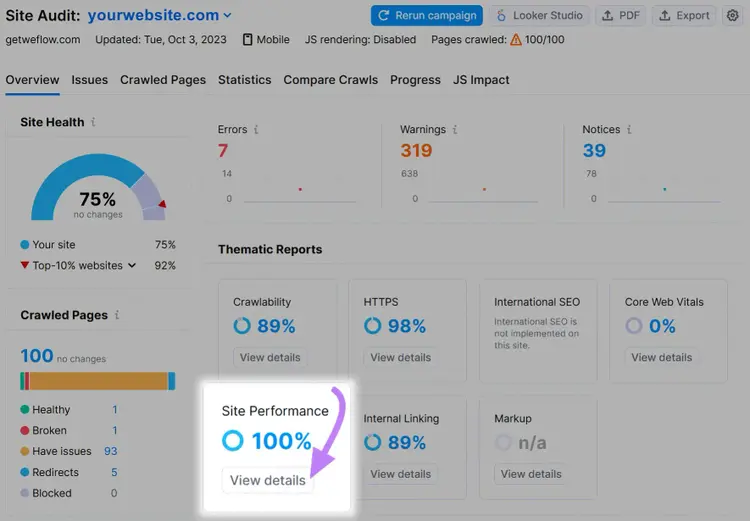 “Site Performance” widget highlighted in the Site Audit overview report