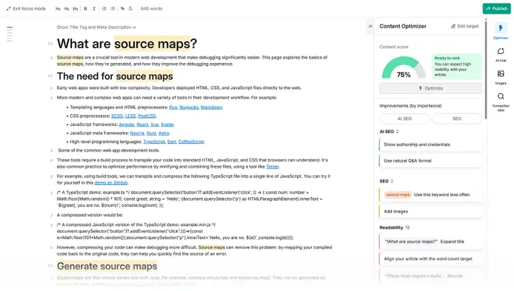 Content editor with SEO suggestions, keyword usage highlights, and optimization score sidebar.