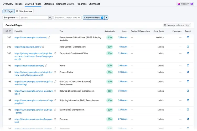 Semrush crawled pages report listing URLs, status codes, issues, and page metrics for a site audit.
