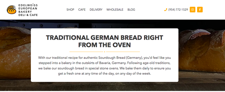 Edelweiss European Bakery website header with traditional German bread description