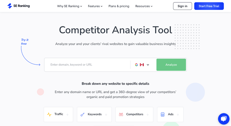 SE Ranking competitor analysis tool showing website performance and ranking keywords