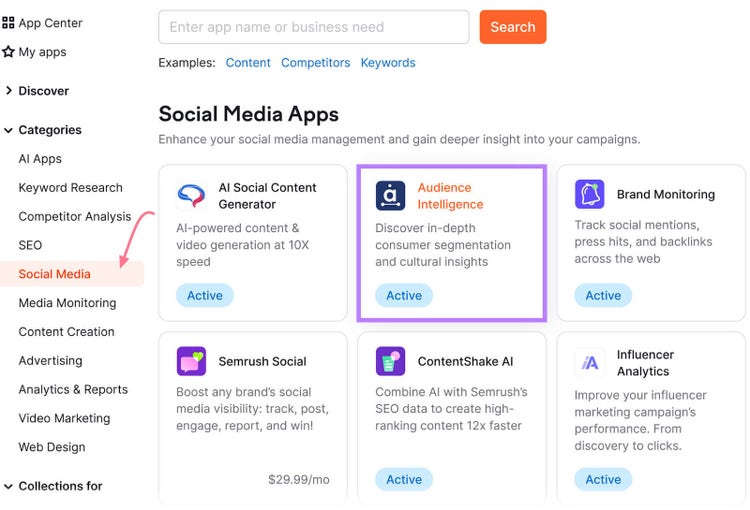 Social Media Apps section in the App Center with "Audience Intelligence" highlighted in a purple box.