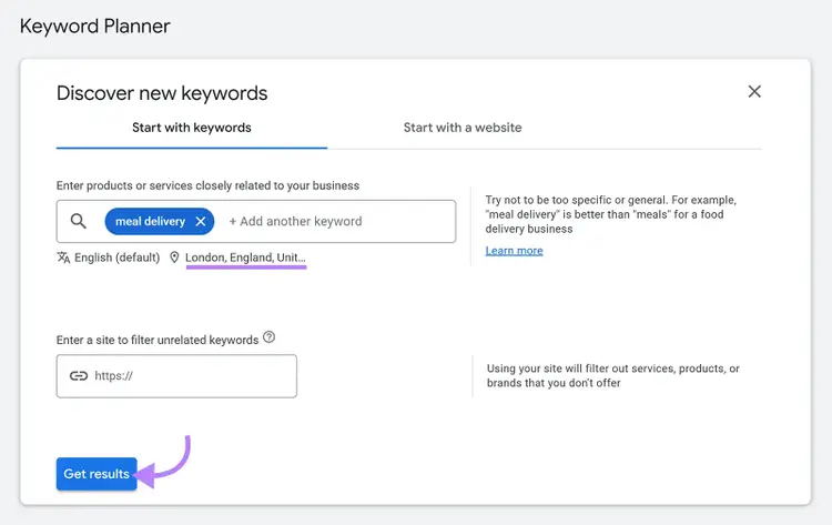 Discover New Keywords on Google Keyword Planner with a keyword entered, location selected, and "Get results" clicked.