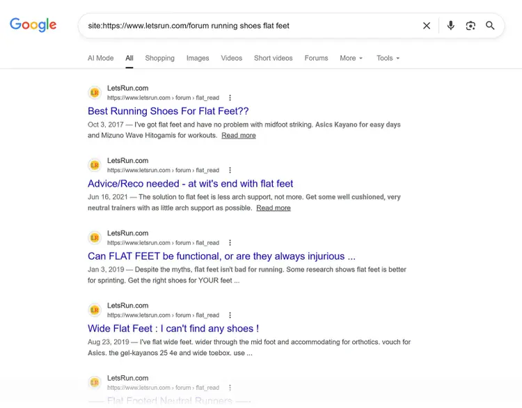 Google site search results for LetsRun forum posts about running shoes for flat feet