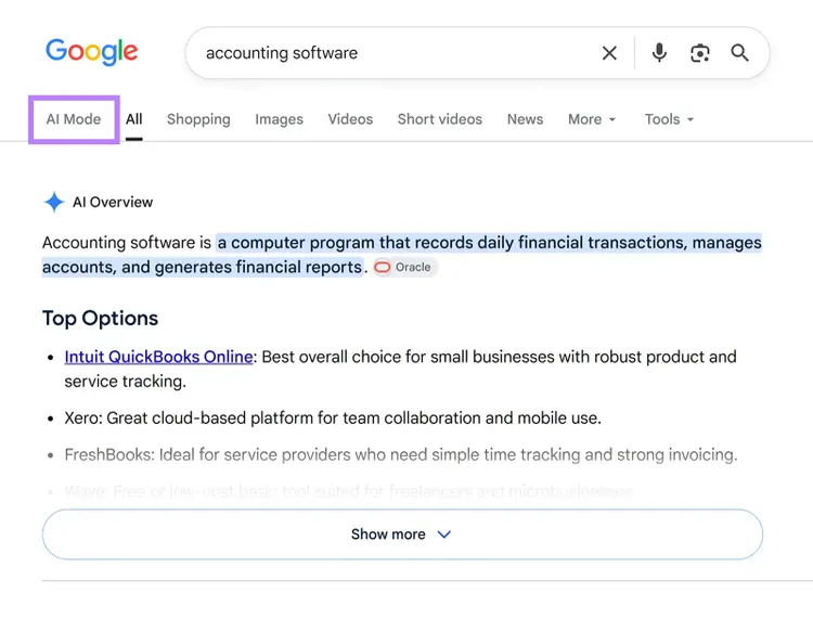 Google search results for “accounting software” with AI Mode highlighted and an AI Overview showing top software options