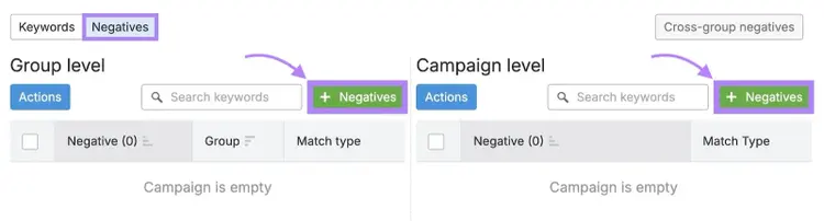 Adding negative keywords to exclude at a campaign or ad group level on PPC Keyword Tool.