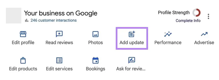 The "Add update" button highlighted on the Google Business Profile dashboard.