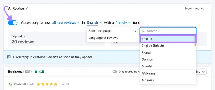 AI replies settings panel with auto-reply toggle turned on and language dropdown menu open
