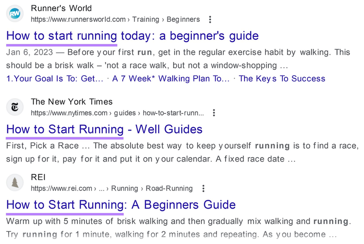 Google SERP for “how to start running” with title tags highlighted in purple
