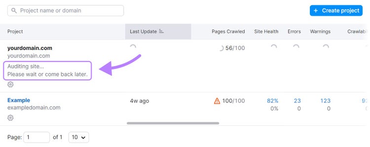 “Auditing site…Please wait or come back later" status in Site Audit