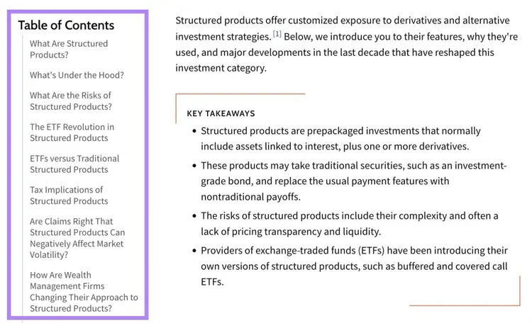 A blog post by Investopedia with the "Table of Contents" on the left highlighted.