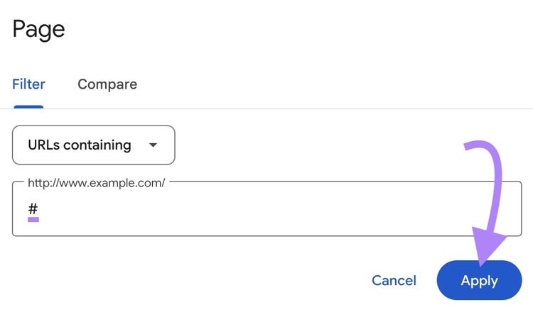 Screenshot: Search Console filter dialog with 'URLs containing' option and hash input field