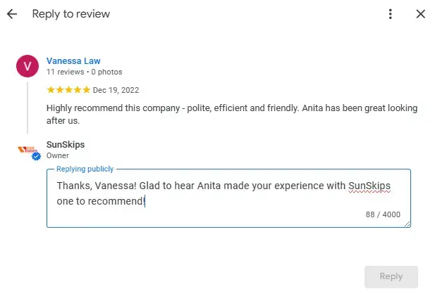 Replying to a review in the GBP dashboard