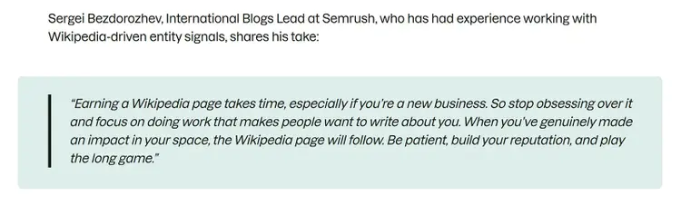 Expert quote block in Semrush article emphasizing long-term brand reputation over chasing a Wikipedia page