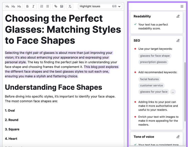 on page seo recommendations highlighted for the text, including use target keywords and adding links