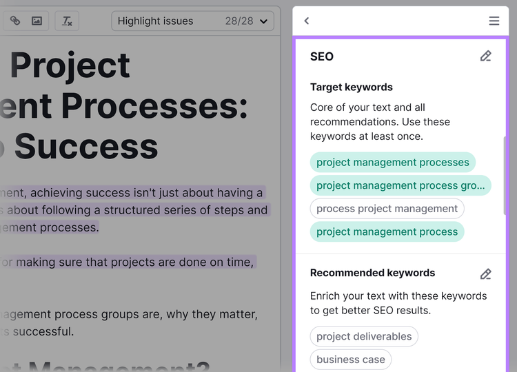 "SEO" recommendations section in SEO Writing Assistant