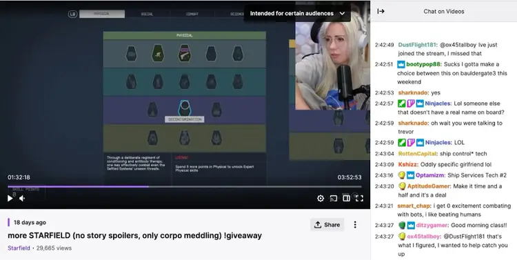 Alanah Pierce's gaming video on Twitch with chat section opened