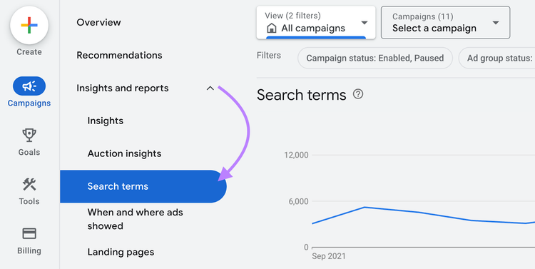search terms report highlighted in navigation