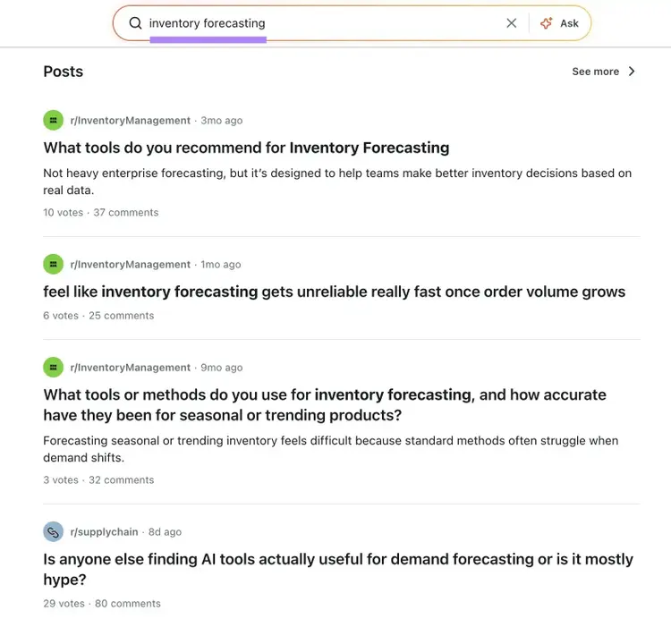 A list of posts for the term "inventory forecasting" on Reddit.