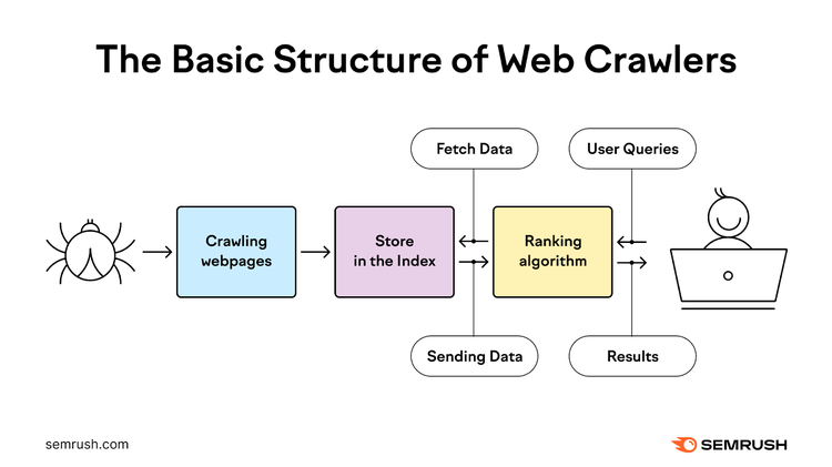 How web crawlers work including crawling pages, fetching, sending & storing data plus influencing search results & rankings.