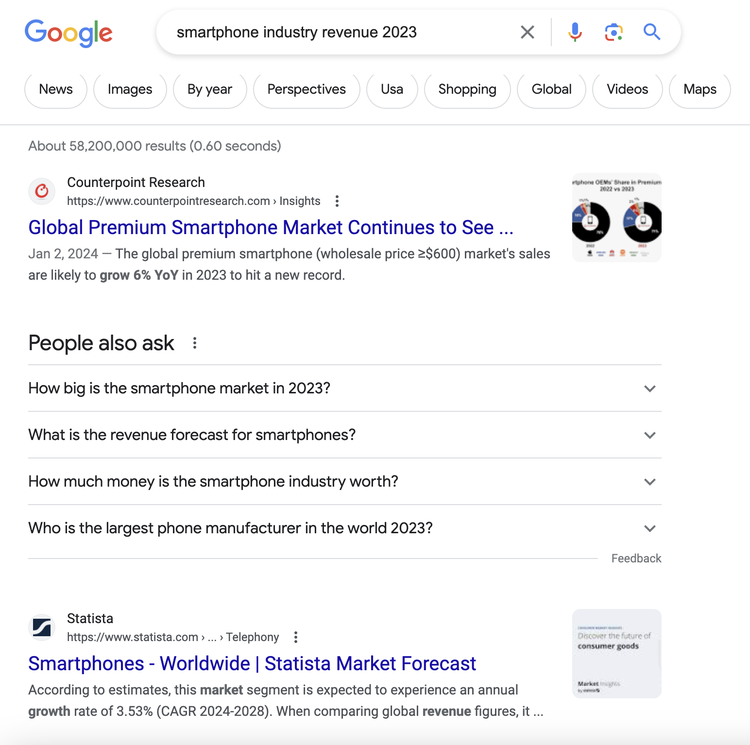 A section of Google's SERP for "smartphone industry revenue 2023" query
