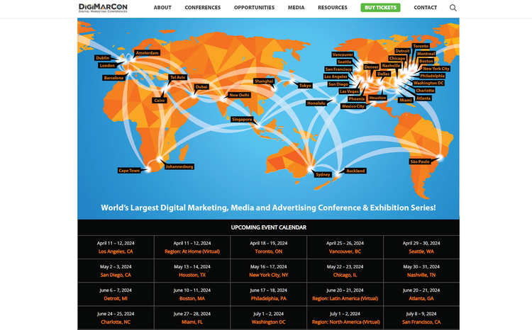 DigiMarCon website showing world map with conference locations and upcoming event calendar