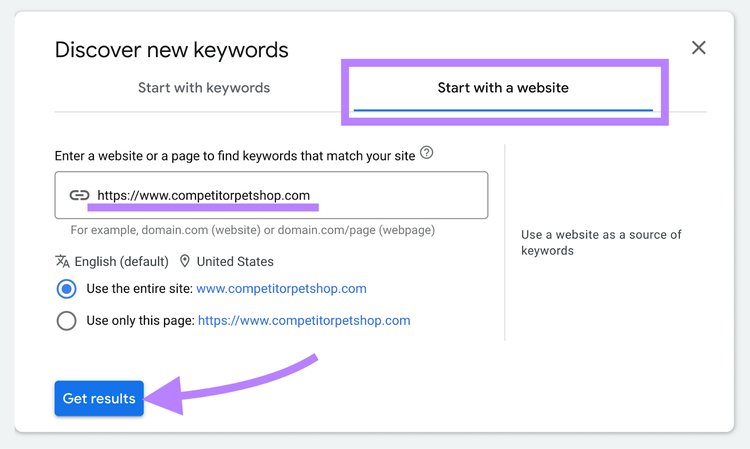 A form within Keyword Planner that lets you discover keywords using a website URL—"https://www.comeptitorpetshop.com" is entered into the URL field