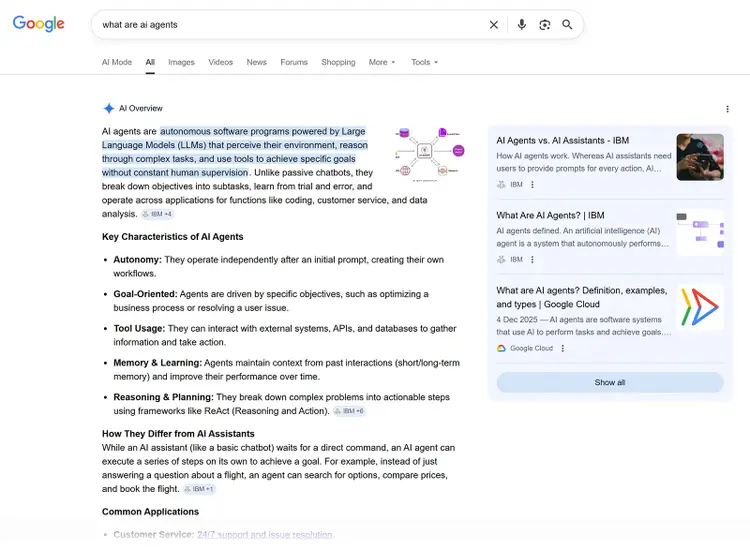 Google search results displaying an AI Overview summarizing what AI agents are